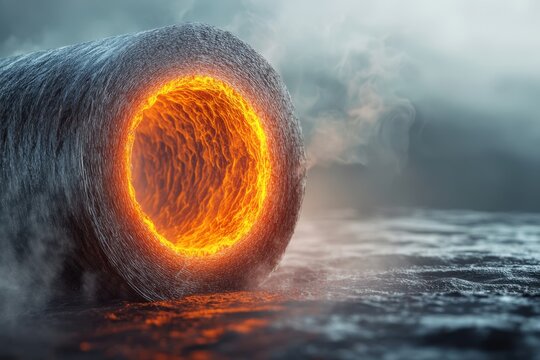 Rolling metal cylinder with glowing orange core surrounded by misty environment - Powered by Adobe