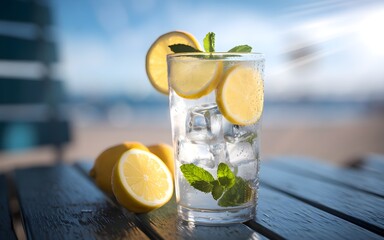 Refreshing summer drink with lemon and mint on a sunny beach. Perfect for a hot day!