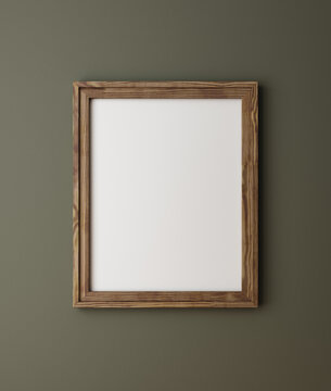 4x5 ratio paper size poster frame mockup close up on wall painted dark green color, old wooden frame,  3d render