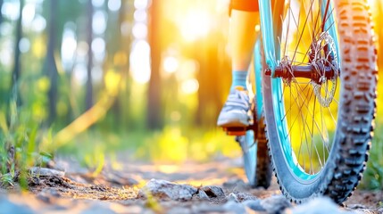 Mountain biker navigating a forest trail during golden hour with bright sunlight filtering through trees