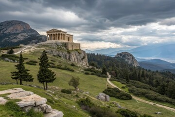 Majestic Ancient Temple Overlooking Lush Green Valleys and Enigmatic Mountains Under Dramatic Cloudy Skies