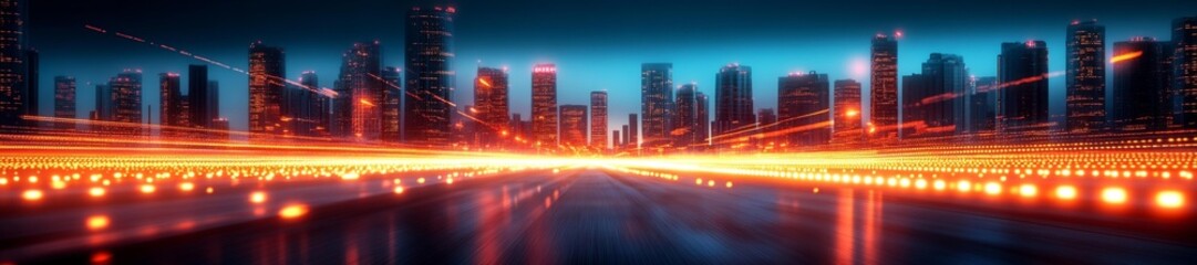 Fototapeta premium A glowing cityscape at night with intense light trails moving through the streets creating an energetic atmosphere. Generative AI