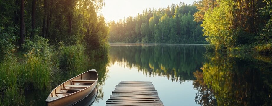 Retirement celebration template with relaxing graphics and clear areas for text, with golden hour lighting over a calm lake, capturing the essence of serenity
