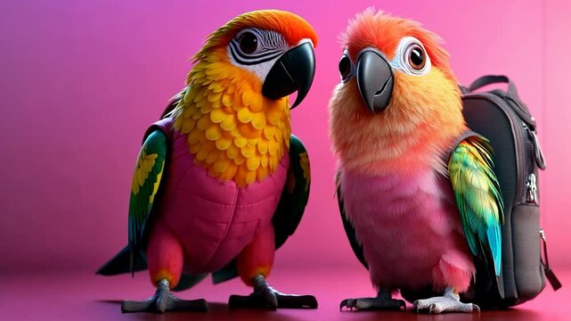 Colorful parrots, backpacks, studio, pink background, education