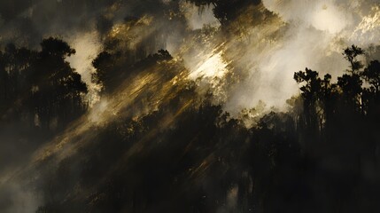 Ethereal forest scene with golden light filtering through misty trees, creating a mystical atmosphere