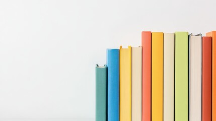 Fototapeta premium A colorful array of books lined up neatly on a white background, showcasing various vibrant spine colors.