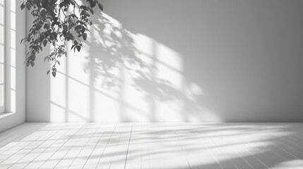 Fototapeta premium A bright, minimalistic indoor space with soft shadows and greenery, creating a serene and peaceful atmosphere.