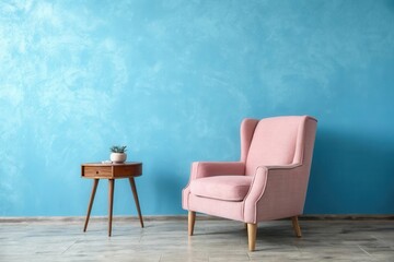 Fototapeta premium Serene Pink Armchair and Minimalist Table Against a Soft Blue Wall in a Cozy Space