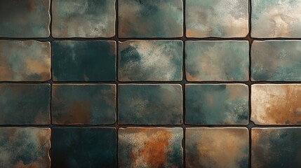 Aged ceramic tiles with rustic patina and textured weathered surface