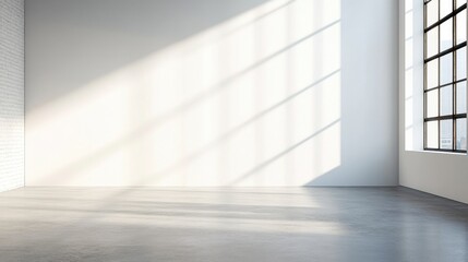 Fototapeta premium Sunlight casts long shadows in a spacious, minimalist room with a large window.
