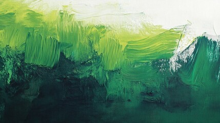 Abstract green landscape painting featuring various shades of green and textured brush strokes.