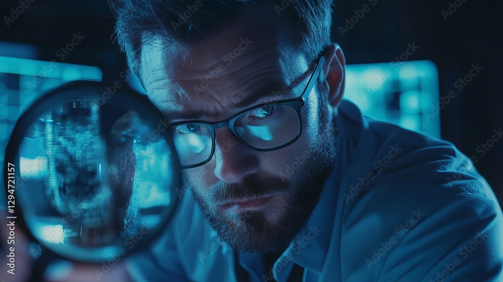 Poster focused male programmer examining code through magnifying glass intensely studying software developm