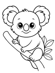 A tiny baby koala hugging a tree branch, with fluffy fur and big round eyes. A gentle, sleepy smile, cartoon-style, and clean bold outlines for kids’ coloring books.