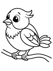Fototapeta premium A tiny baby sparrow sitting on a tree branch, small wings, round body, and a cheerful smile. Cute and simple cartoon-style, bold black outlines for fun coloring.