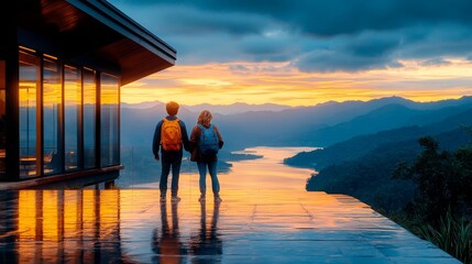 Fototapeta premium Couple admires the vibrant sunset over the mountains and lake from their scenic viewpoint