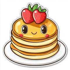 Adorable cartoon pancakes with strawberries.  A fun, whimsical illustration perfect for breakfast menus or kids' content.