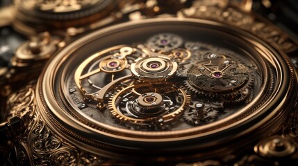 Obraz premium Intricate gold pocket watch mechanism with gears exposed