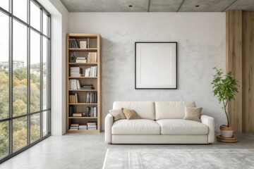 Fototapeta premium Modern Living Space with Natural Light, Minimalist Furniture, and Lush Greenery in View