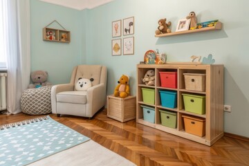 Bright and Cheerful Children's Room with Colorful Storage and Cozy Seating Area