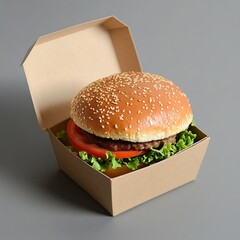Delicious hamburger in takeout box fast food restaurant food photography minimalist setting close-up view