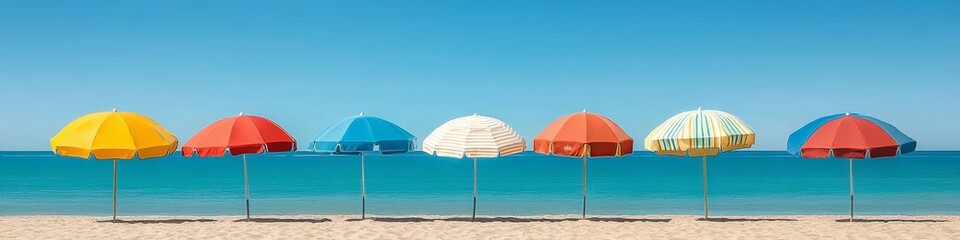 Colorful beach umbrellas lining the shore create a vibrant atmosphere on a sunny day by the ocean
