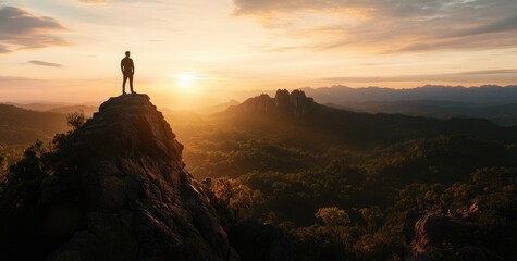 Man Silhouette Sunset Mountain Peak Success