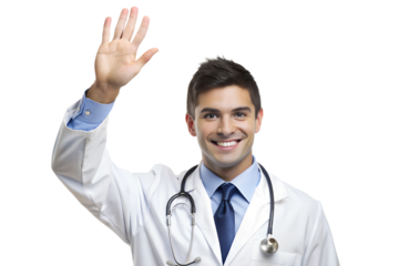 the young man is a smiling doctor raising hand  isolated on the white background