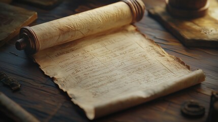 Fototapeta premium Old parchment scroll on wooden table. A mockup of a scrolling scroll in the ancient alpha parchment. Abstract abstract abstract abstract. A aged parchment scroll resting on a wooden table lifestyle.