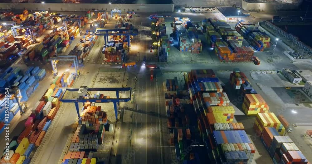 Aufkleber Aerial view of commercial container port terminal with container stacks
