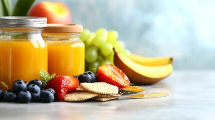 Delicious homemade jam spread on crackers with fresh fruits and jars in a warm kitchen setting