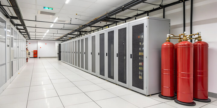 CO2 fire suppression system nozzles installed in a server room, protecting critical infrastructure
