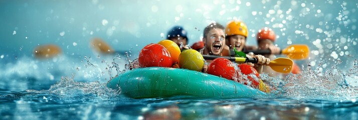 Friends enjoy exciting water activities together during a sunny day on the river with laughter and splashes all around
