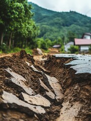 Devastated Road: Landslide Aftermath in Mountain Village