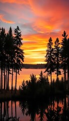 Majestic Sunset over Calm Lake with Silhouetted Pine Trees