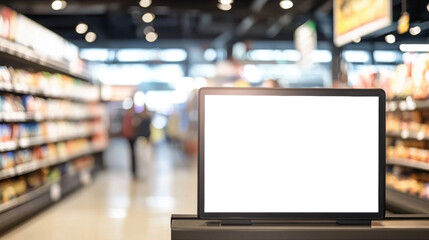 Blank digital screen mockup for advertisement, placed near the checkout counter in a modern supermarket, with visible shoppers in the blurred background