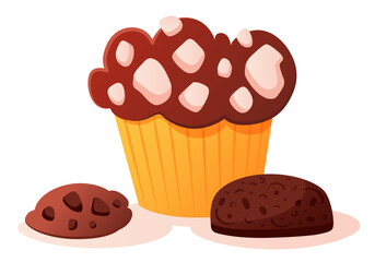 Delicious baked dessert, confectionery or pastry. Fresh cupcake with marshmallow decoration, or white chocolate crumb and chocolate chip cookie with chocolate crumb. Delicious sweet pastry. 