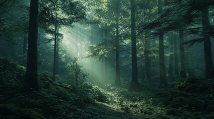 Obraz premium Sunlit Path Through a Misty Green Forest