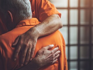 A Tender Embrace Behind Bars: A poignant moment of connection and support amidst confinement.