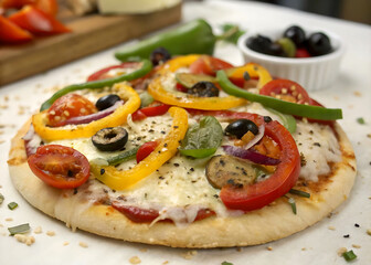 A close-up of a pizza topped with tomatoes, peppers, and olives, placed on a white surface. To the left of the pizza, there's a bowl containing olives and a piece of cheese. The background is slightly