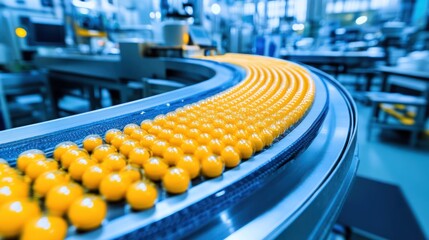 Automated Production Line: Yellow Spheres Moving on a Conveyor Belt in a Modern Factory