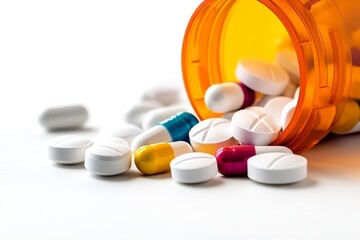 White round tablets and capsules spilling from an orange prescription bottle on a clean surface