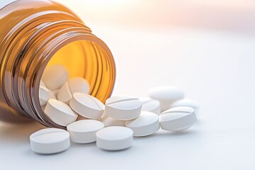 White round tablets spilled from amber bottle on white surface during daylight