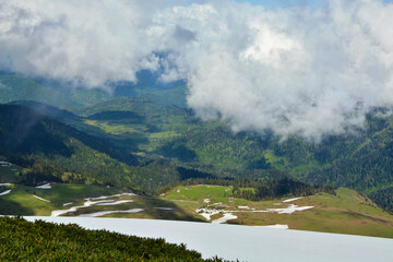 At the level of clouds in the mountains and snow. Where below is a green forest