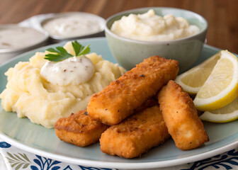 A plate of golden-brown fish sticks accompanied by creamy mashed potatoes and a bowl of creamy sauce, garnished with a slice of lemon. The plate is placed on a cloth with a floral pattern, and the bac