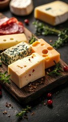 Assorted cheeses with herbs and meats arranged on a wooden board in a gourmet display