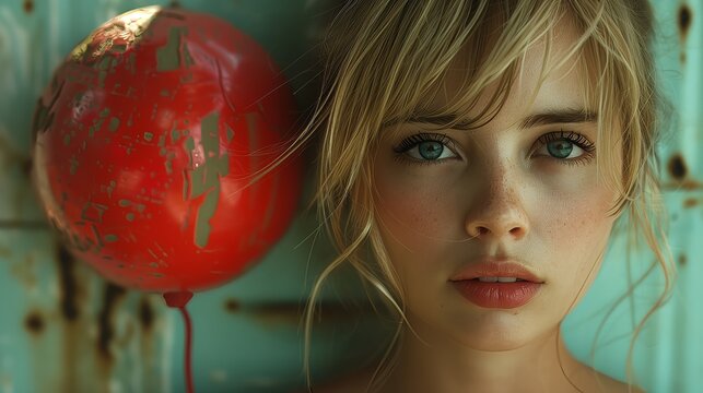 A young woman with bangs smiling next to a red balloon