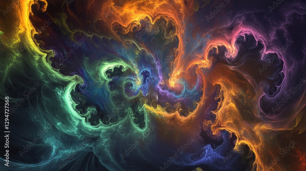 Poster Brilliant hues blend and swirl together, creating a mesmerizing visual experience reminiscent of a cosmic nebula. The vibrant colors evoke feelings of wonder and exploration into the unknown