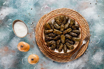 Dolma - stuffed grape leaves with rice and meat.