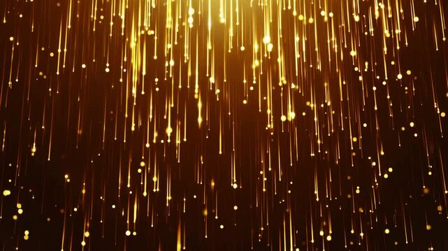 Golden rain. Futuristic Golden Beautiful Wave Particles light abstract background shining glittering particle floor stars dust flare. Luxurious golden sparkling bokeh. Award ceremony, stage. 3D Illust