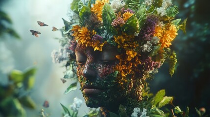 A digital art piece titled "Floral Masks" featuring a face covered in flowers and leaves.